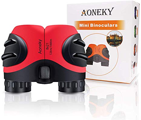 Aoneky Kids Binoculars, 8x21, Rubber - Mini Compact Zoom Present for Boys Girls - Best Camping Spy Bird Watching Gifts, Red
