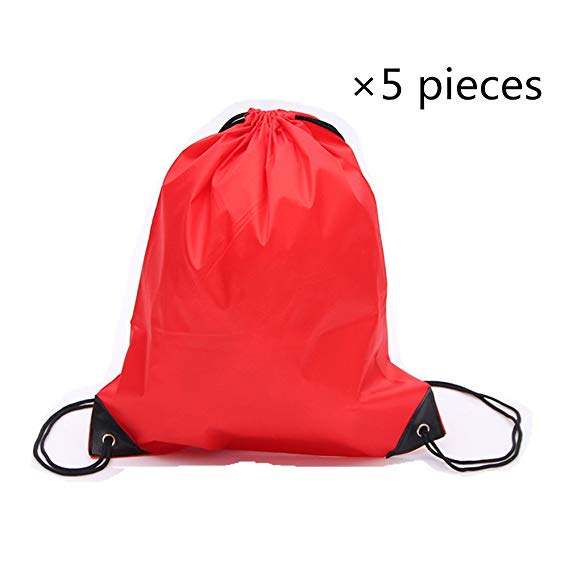 Sechunk 5 Pieces Drawstring Bag 210D polyester rope bag pulling nylon Oxford pocket Sack Cinch Tote Gym Storage Backpack (red, 5 pcs)