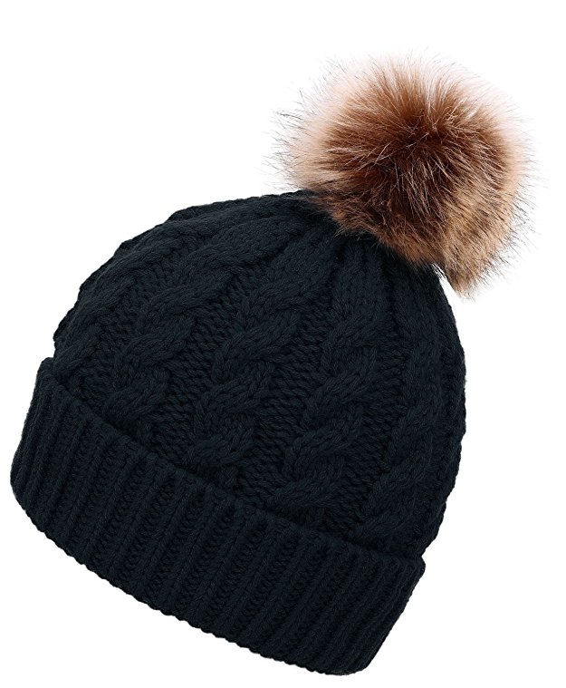 Men & Women's Winter Cable Knit Faux Fur Pom Pom Foldable Cuff Beanie Hat