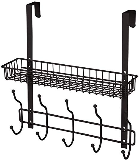 Coat Rack Over The Door Basket Hook Metal Shelf Organizer Black with 5 Hooks and Basket Storage Fit Well at Bedroom Kitchen Bathroom Office for Towels Hats