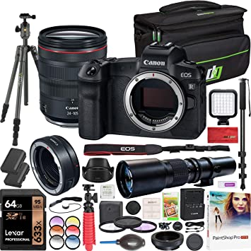 Canon EOS R Full Frame Mirrorless Camera with RF 24-105mm f/4L is USM Lens 3075C012 Bundle with 500mm Preset Telephoto Lens, 64GB, VEO2 Tripod, Deco Gear Case, Filter Kit and Accessories