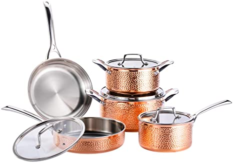 Tri-ply Copper Hammered Cookware Set (9 Pieces), Induction Cookware Set Including Pots and Pans Set is Perfectly Polished, Dishwasher and Oven Safe