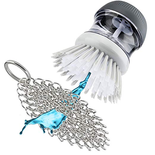 GAINWELL Stainless Steel Chainmail Scrubber Set Cast Iron Cleaner 4in with Soap Dispensing Palm Brush