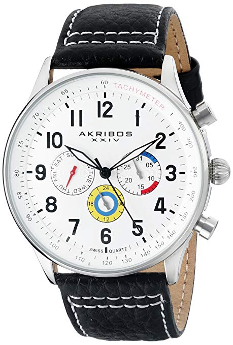 Akribos XXIV Men's AK751 Swiss Quartz Movement Watch with Matte Dial and Multicolored Sub dials with Stitching Leather Calfskin Strap