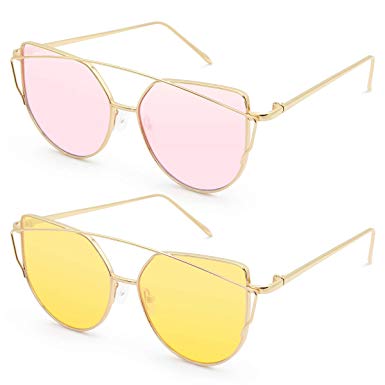 Livhò Sunglasses for Women, Cat Eye Mirrored   Transparent Flat Lenses Metal Frame Sunglasses UV400