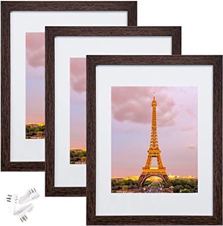 upsimples 11x14 Picture Frame Set of 3,Made of High Definition Glass for 8x10 with Mat or 11x14 Without Mat,Wall Mounting Photo Frame Dark Brown Woodgrain