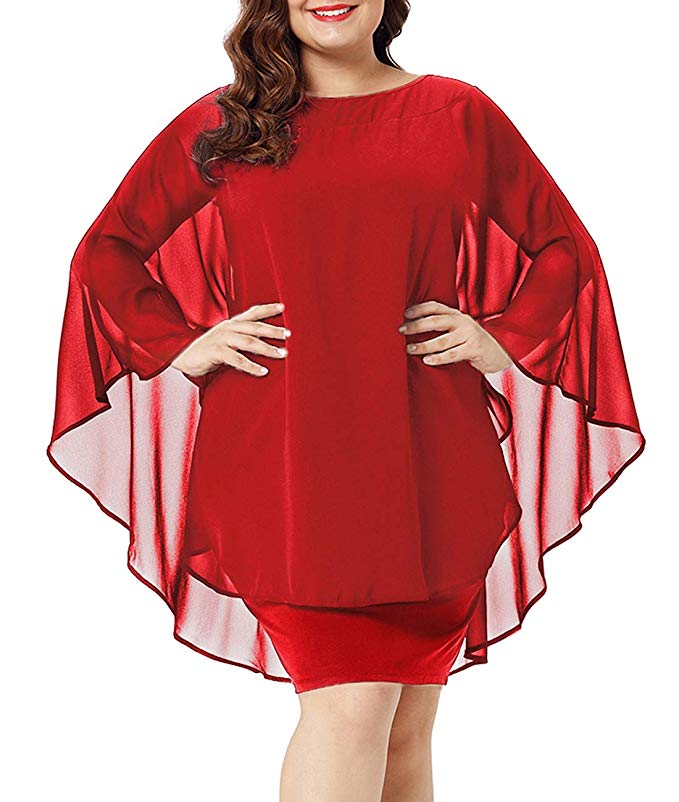 Urchics Womens Casual Chiffon Overlay Plus Size Cocktail Party Knee Length Dress