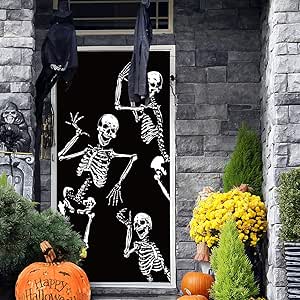 Tatuo Halloween Skeleton Door Cover Skeleton Bone Backdrop Halloween Wall Decoration Front Door or Indoor Home Decor Halloween Party Decorations