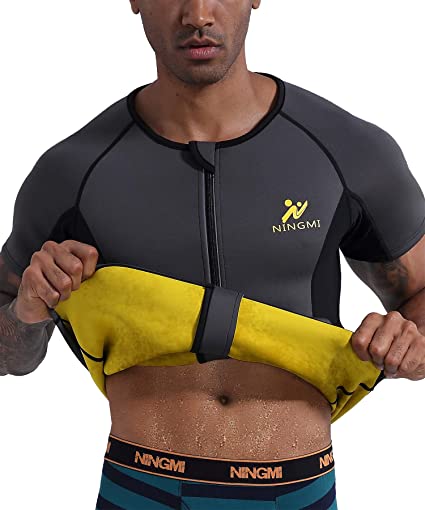 NINGMI Men's Neoprene Workout Top Shirt Sweat Sauna Suit Training Weight Loss Body Shaper Zipper Short Sleeve