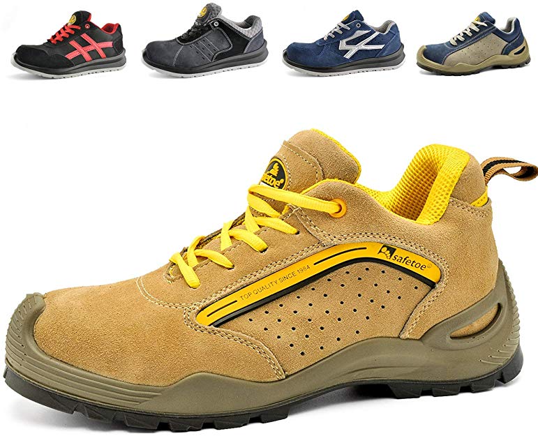 SAFEYEAR Breathable Leather Safety Shoes [CE Certified] - 7296 Lightweight Summer Site Safety Trainers with 4E Wide Fit Steel Toe Cap, Non Slip Work Shoes Boots with Men & Women Lady Footwear Size