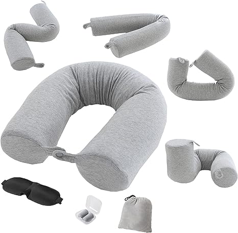 Twist Travel Neck Pillow Portable Memory Foam Travel Pillow Adjustable Bendable Roll Pillow for Neck, Chin, Lumbar and Leg Support Ideal Travel Accessories on Airplane, Bus, Train, at Home (Grey)