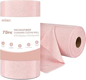 AIDEA Microfiber Cleaning Cloth Roll Pink-75PK, Microfiber Towels for Cars, Commercial Shop Rags, Tear Away Reusable Paper Towels, Lint-Free Cleaning Rags for House, Kitchen, Garage Shop-11.5"×11.5"