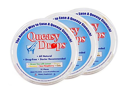 Three Lollies Queasy Drops (21 Piece Container) Assorted for Nausea Relief, 3 Count