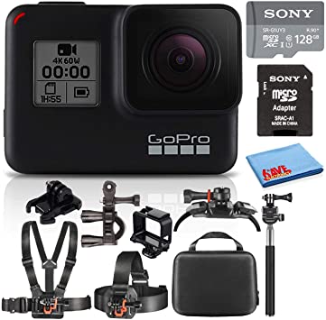 GoPro HERO7 Black Waterproof Action Camera Bundle with 50-Piece Accessory Action Kit   Carrying Case   128GB MicroSD Memory Card