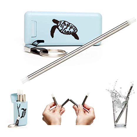Happy Hama Folding Reusable Keychain Straw Collapsing Drinking Straws Hard Case Cleaning Brush Easy Portable Travel Design Made from Stainless Steel & Silicone
