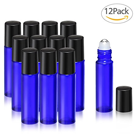 Eaggle Cobalt Blue Glass Roller Bottles with Stainless Steel Roller Balls, Roll-on Bottles for Essential Oil, included 12 Pack of 10ml