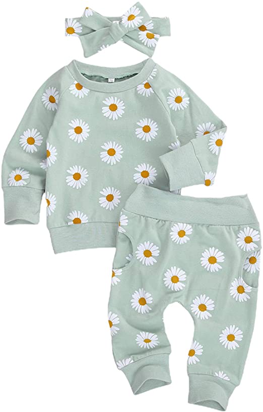 Baby Girl Winter Fall Outfits Little Daisy Print Sweatshirt Pullover Tops Pocket Pants Leggings Headband Outfits Set …