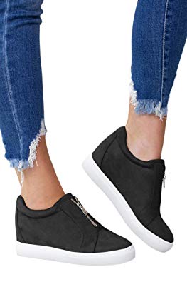 Ermonn Womens Wedge Sneakers Fashion Platform Slip On Hidden Mid Heel Front Zipper Winter Shoes