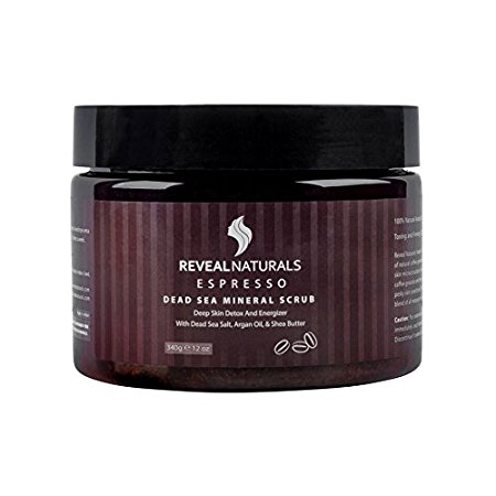 Reveal Naturals Body Scrub - Coffee Arabica Expresso Face Scrub -Dead Sea Salt Facial Scrub Helps with Acne - Spider Veins- Cellulite Treatment - 12 Ounces