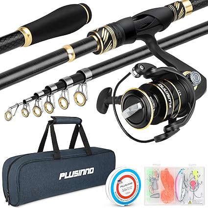 PLUSINNO Fishing Pole Fishing Rod and Reel Combos Carbon Fiber Telescopic Fishing Pole with Spinning Reels Sea Saltwater Freshwater Kit Fishing Rod Kit
