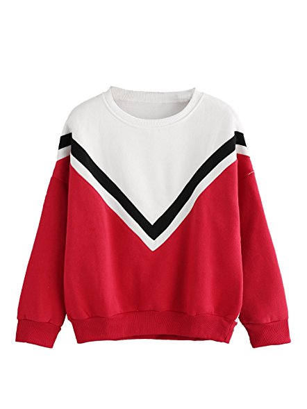 ROMWE Women's Chevron Striped V Print Sweatshirt Long Sleeve Color Block Top Sweater