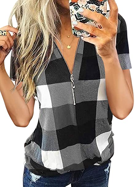 Asvivid Womens Plaid Zipper Short Sleeve Shirts Casual Summer V Neck Tops Comfy Loose Fit Blouses