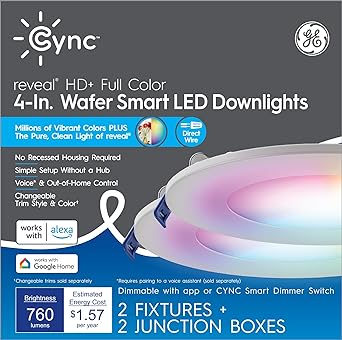 GE CYNC Reveal HD  Wafer Smart LED Downlight Fixture, Full Color Changing Lights, WiFi and Bluetooth LED Lights, 760 Lumens, Works with Google Home and Amazon Alexa, 4 Inches (2 Pack)