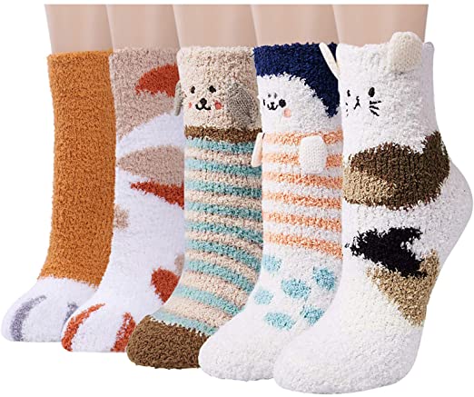 Plush Slipper Socks Women - Colorful Warm Fuzzy Crew Socks Cozy Soft 3 to 6 Pairs for Winter Indoor