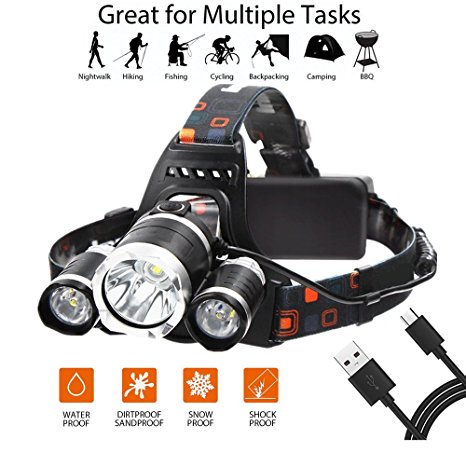 Ousili LED Headlamp,6000 Lumens 3 Light 4 Modes Super Bright USB Rechargeable Headlight Best for Outdoor Camping Biking Hunting Fishing