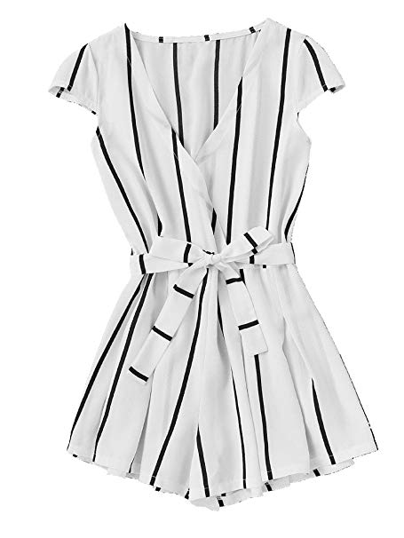 Romwe Women's Casual Vertical Striped Jumpsuit Romper with Belt