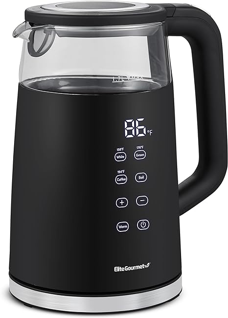 Elite Gourmet EKT8717 1.7L Double Wall Cool Touch Electric Tea Kettle, Glass Exterior, 304 Stainless Steel Interior, Digital Touch-Screen, Programmable Temperature, Keep Warm, Auto Shut-Off, Black