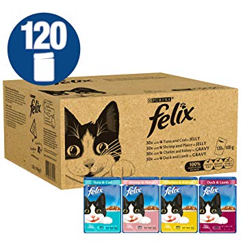 Felix Standard Cat Food Mixed Jelly and Gravy Flavours, Mixed Meat and Fish, 120 x 100 g (120 Pouches)