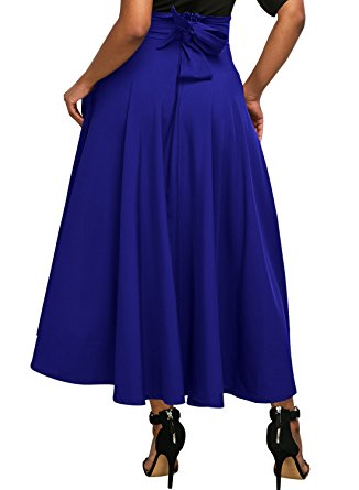 Annflat Women's High Waist Pleated A Line Long Skirt Front Slit Belted Maxi Skirt S-XXL