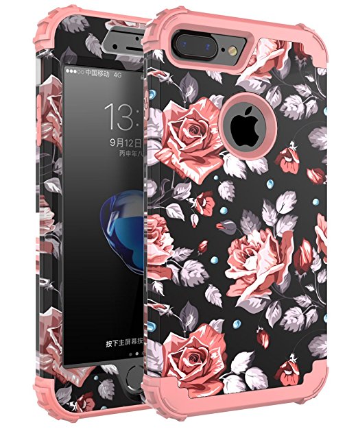 OBBCase iPhone 8 Plus Case,iPhone 7 Plus Case,[Heavy Duty]Three Layer Hybrid Sturdy Armor High Impact Resistant Protective Cover Case For iPhone 8 Plus / 7 Plus(Only For 5.5")Rose Flower/Rose Gold