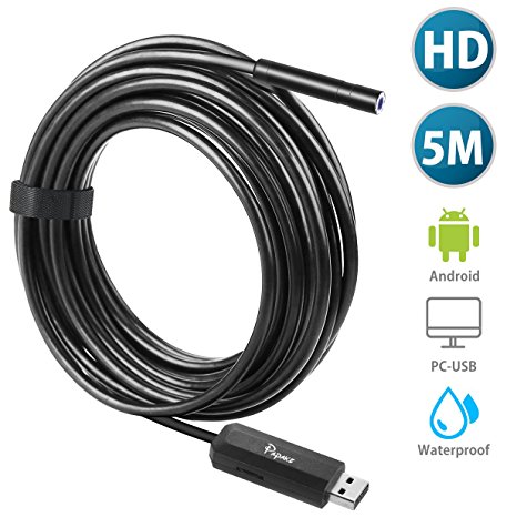USB Endoscope, Papake Borescope Inspection Camera 2.0 MP HD Type-C Snake Camera Pipe 5M Flexible Waterproof 6 Led Security Cable Adapted for Samsung Galaxy / SONY / Nexus Smartphone Android and Laptop