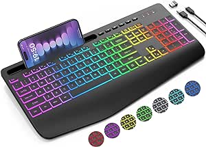 SABLUTE Wireless Keyboard with 8 Colors & 9 Effects Backlit, Wrist Rest, Phone Holder, 2.4G Lag-Free Ergonomic Computer Keyboards, Rechargeable Silent Cordless Set for PC, Laptop, Mac, Windows