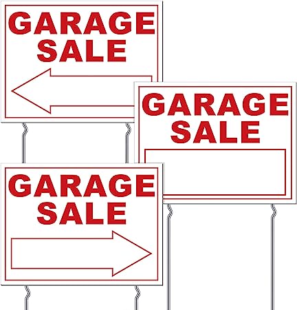 Amyhill 3 Pcs Garage Sale Sign Stakes Double Sided Red Yard Sale Signs Tall Stands 12 x 16 Inch Corrugated Plastic Waterproof Sale Sign with Directional Arrows for Sales Event (White and Red)