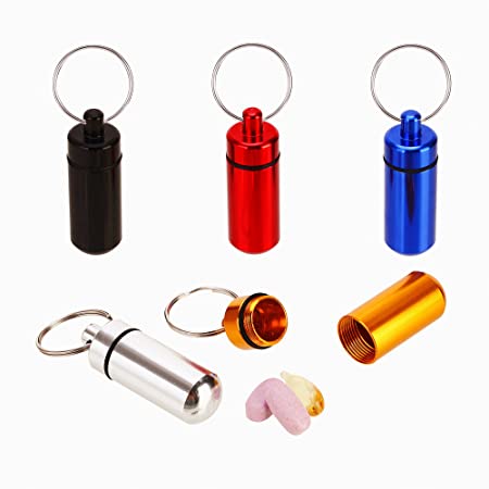 Shintop Keychain Pill Box, Waterproof Aluminum Outdoors Medicine Bottle Key Ring Miniature Gallipot First Aid Pill Container (Colorful, 5pcs)