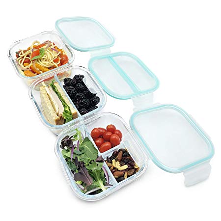 Glass Food Storage Containers | 1, 2, 3 Compartment Borosilicate Glass Container Set | BPA Free, Leak Proof | Square Shape, 27oz/800ml (3 pack)