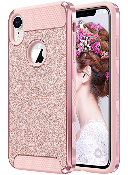 ULAK iPhone XR Case, Luxury Glitter 2 in 1 Dual Layer Slim Fit Soft TPU Hard Laminated with Sparkly Shiny Faux Leather Chrome Shockproof Protective Cover, Rose Gold