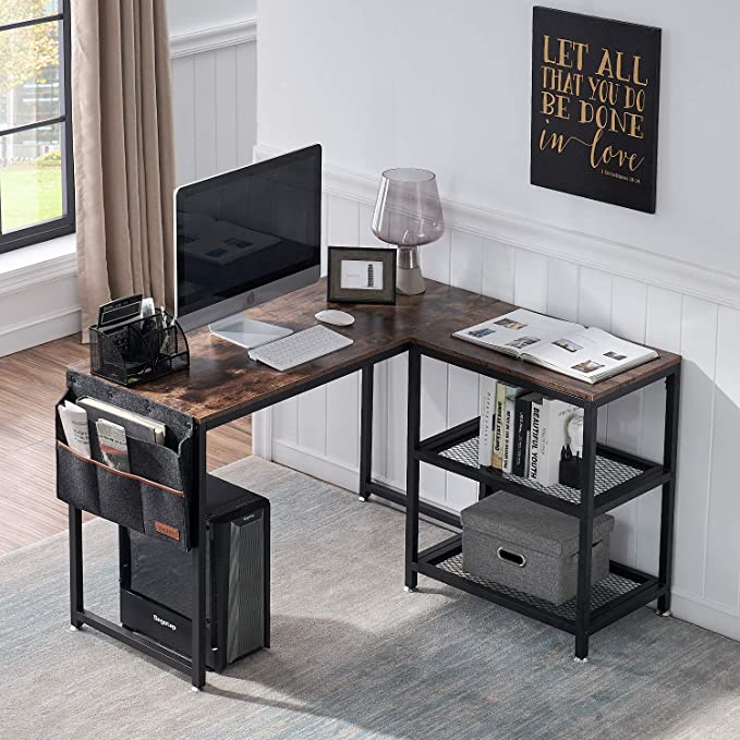 VECELO Computer Corner Desk Multipurpose Study Table L Shape with Reversible Storage Shelves, for Home Office, 47" L x41.3 W x 30" H, 47" x41.3" x 30", Rustic Brown