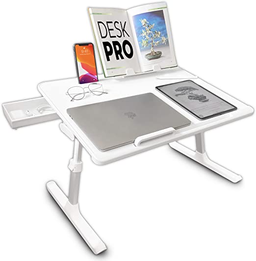 Cooper Desk PRO [XL Adjustable Folding Laptop Desk] - Height & Tilt Angle | Leather Top for Work, Study, Bed | Reading Stand, Drawer (Pearl White)