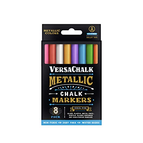 Metallic Liquid Chalk Marker Pens by VersaChalk (3mm Fine Bullet Tip) – 8 Metallic Colors | Dust Free, Water-Based, Non-Toxic