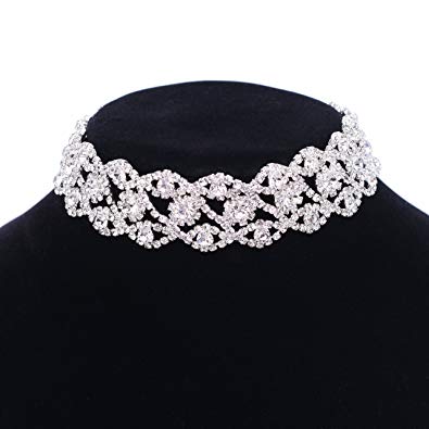 Paxuan Luxury Womens Clear Rhinestone Crystal Silver Choker Necklace Wide Collar Necklace Adjustable