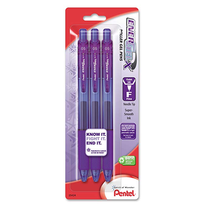 Pentel PANCAN EnerGel-X Retractable Liquid Gel Pen, 0.5mm, Needle Tip, Violet Ink, 3 Pack (BLN105BP3V)