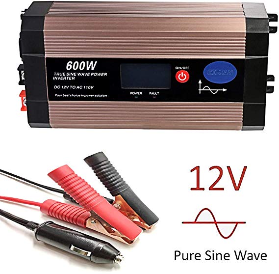 Power Inverter Pure Sine Wave 600 Watt 12V DC to 110V 120V with LCD Display, Dual AC Outlets and USB Port, Perfect for Emergency