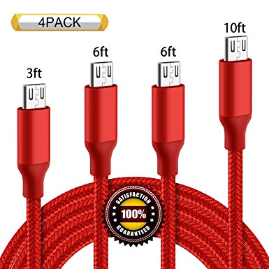 BULESK Micro USB Cable 4Pack 3FT 6FT 6FT 10FT 5000  Bend Lifespan Premium Nylon Braided Micro USB Charging Cable Samsung Charger Cord for Samsung Galaxy S7 Edge/S7/S6/S4/S3,Note 5/4/3 (Red)