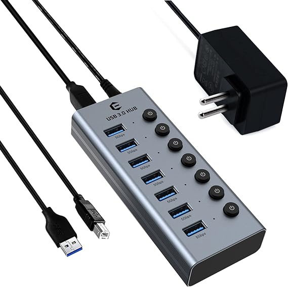 USB Hub Powered USB 3.0 Hub, AYCLIF 7 Port USB Data Hub Splitter with Individual ON/Off Switches & 3.2ft/1m Long Cable for MacBook, iMac, Surface, Dell, Laptop, PC, HHD, SSD