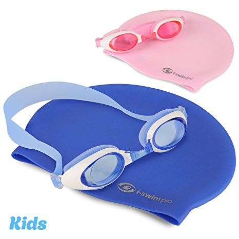 i-Swim Pro Kids Swimming Goggles and Cap –Watertight and Adjustable for Children! Comfortable Fit - Anti-Fog - UV Protection with Easy On, Easy Off Swim Cap – No Wet, Tangled Hair Afterwards!