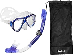 Valiant Snorkel Mask Set Navy, Snorkeling Gear for Adults Set Includes Valiant Mask with Twin Tempered Glass Lenses for Increased Clarity, Cortes Dry Snorkel and Mesh Bag